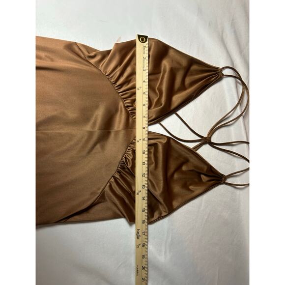 Vtg Hippie 70s Style Very Wide Legged Brown Jumpsuit Halter Back Babydoll Sz M - Picture 7 of 11